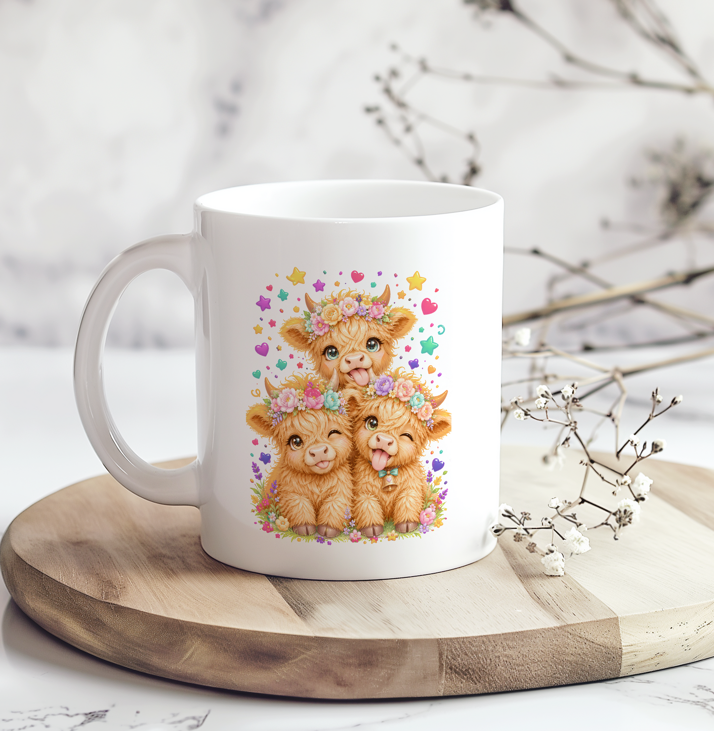 White ceramic coffee mug featuring three adorable floral crown Highland cows with playful expressions, perfect as a cute Highland cow coffee mug gift for animal lovers and farmhouse décor enthusiasts.