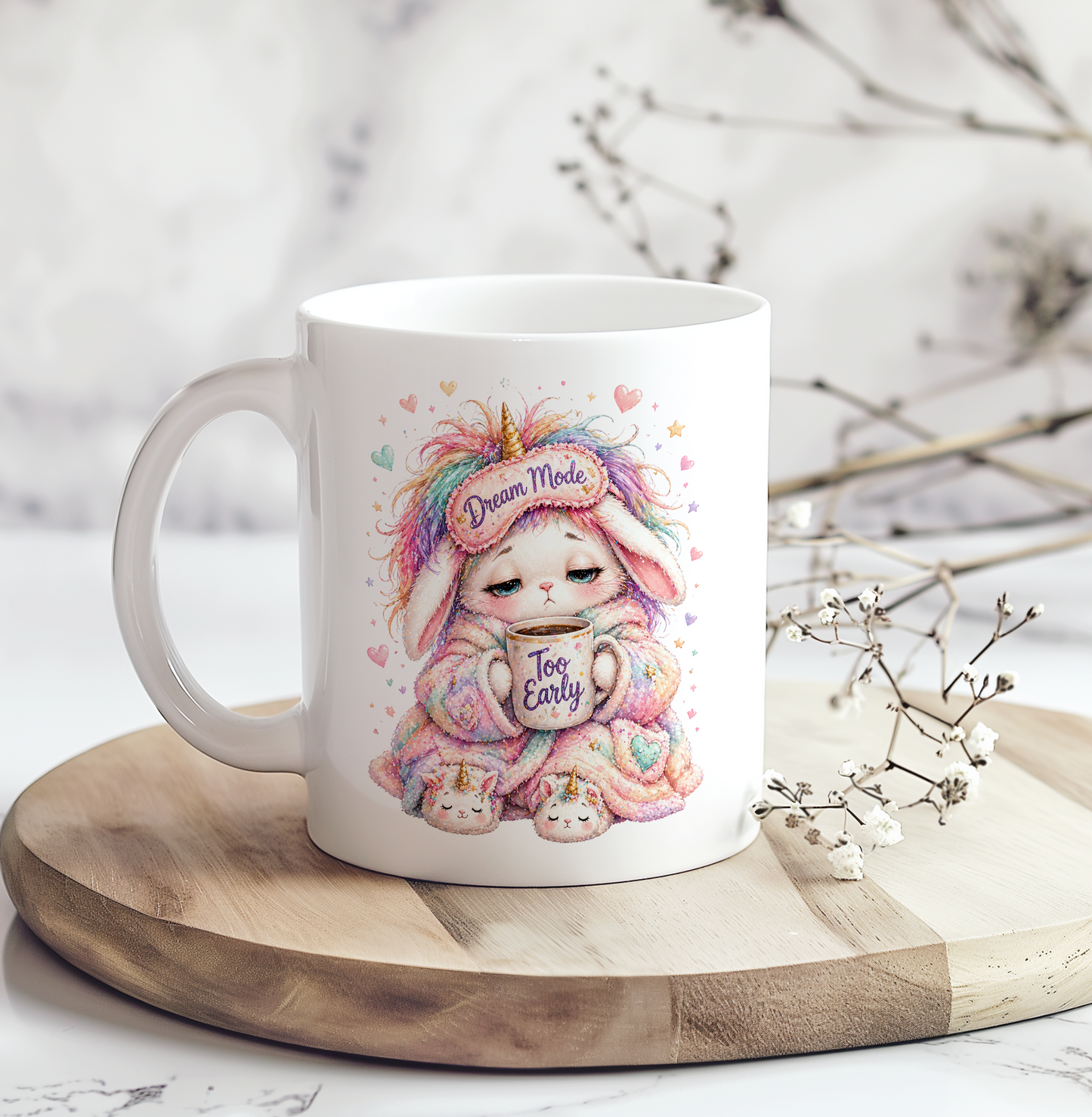 White ceramic coffee mug featuring a sleepy pastel bunny in a unicorn pajama holding a "Too Early" mug with a "Dream Mode" sleep mask, perfect as a cute coffee lover gift.