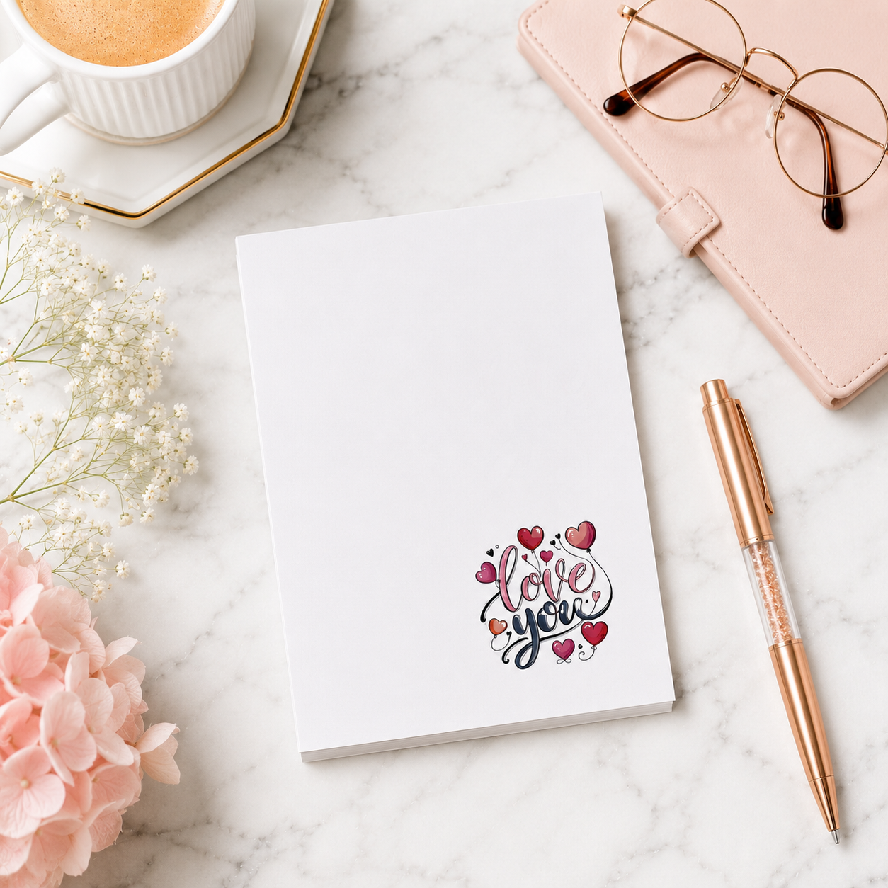 White tear-off notepad featuring a colorful "Love You" heart design in the lower corner, perfect for romantic notes, lists, and everyday stationery.