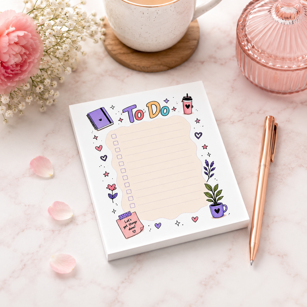 Pastel To Do notepad with colorful checklist design featuring cute planner doodles, coffee cup, flowers, and notebook illustrations.