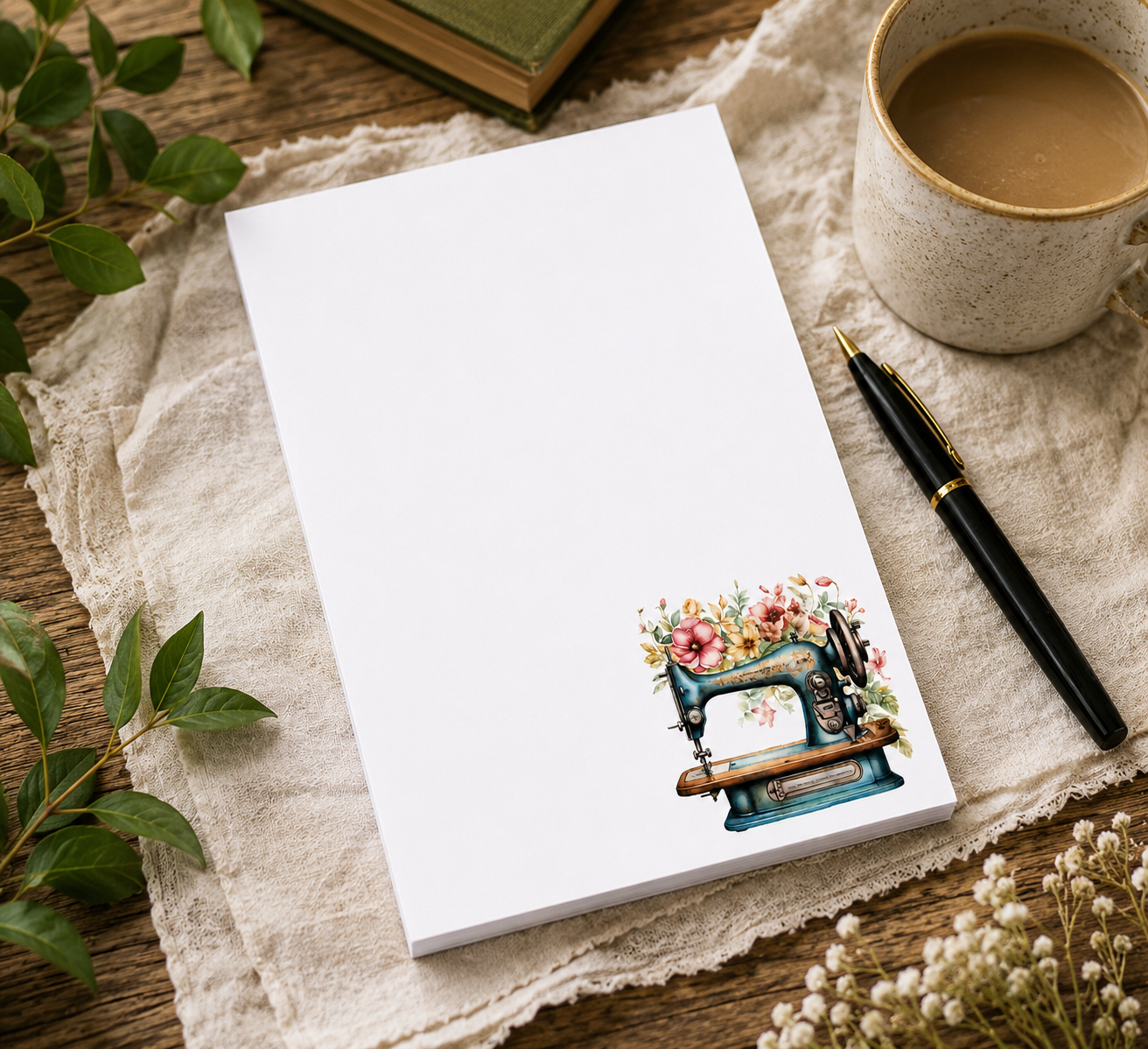Vintage sewing machine notepad featuring floral watercolor accents and a teal antique sewing machine design, ideal for quilters, sewists, and sewing room organization.