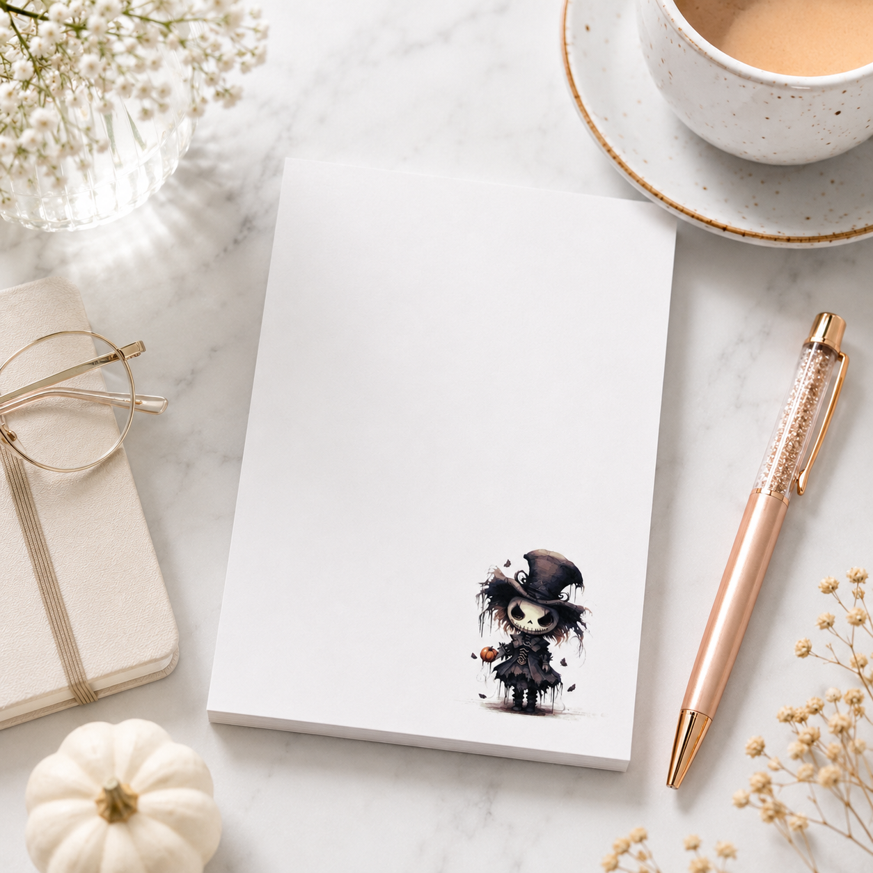 Halloween witch notepad with cute gothic witch illustration in the lower corner, minimalist writing space, spooky stationery gift.