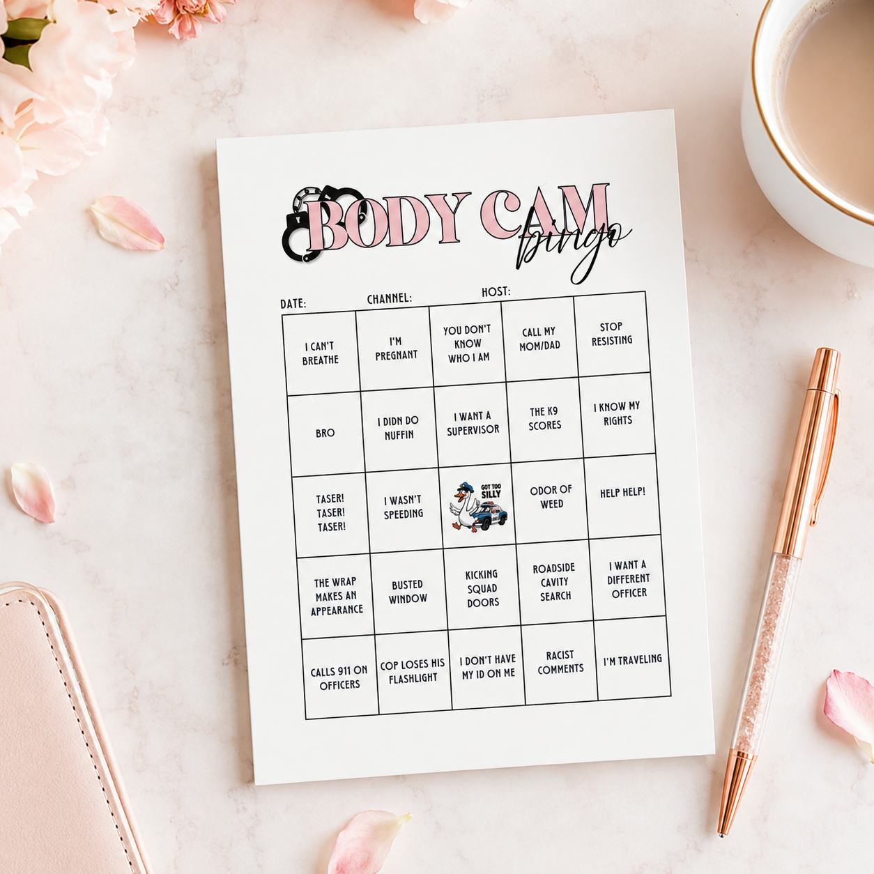Body Cam Bingo tear-off notepad featuring a humorous bingo game for police body camera video watch parties and true crime fans.