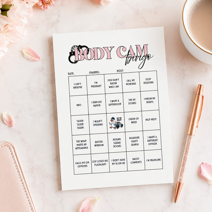 Body Cam Bingo tear-off notepad featuring a humorous bingo game for police body camera video watch parties and true crime fans.