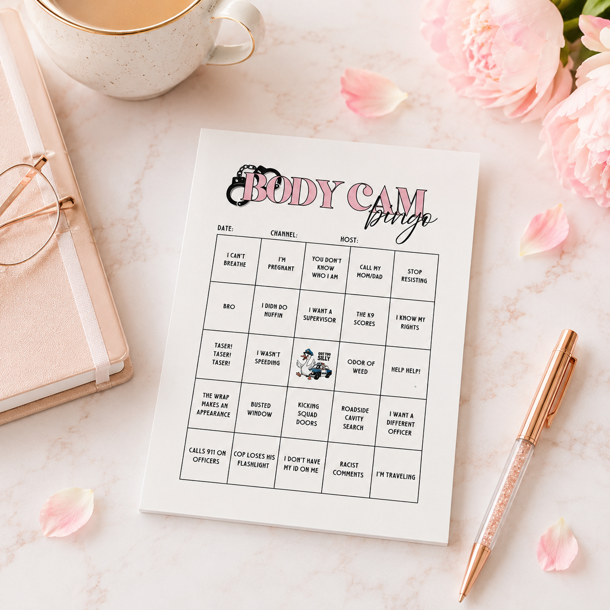 Body Cam Bingo tear-off notepad featuring a humorous bingo game for police body camera video watch parties and true crime fans.