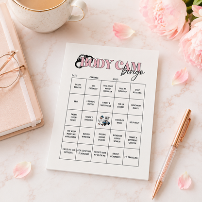 Body Cam Bingo tear-off notepad featuring a humorous bingo game for police body camera video watch parties and true crime fans.