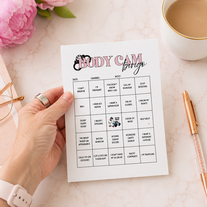 Body Cam Bingo tear-off notepad featuring a humorous bingo game for police body camera video watch parties and true crime fans.