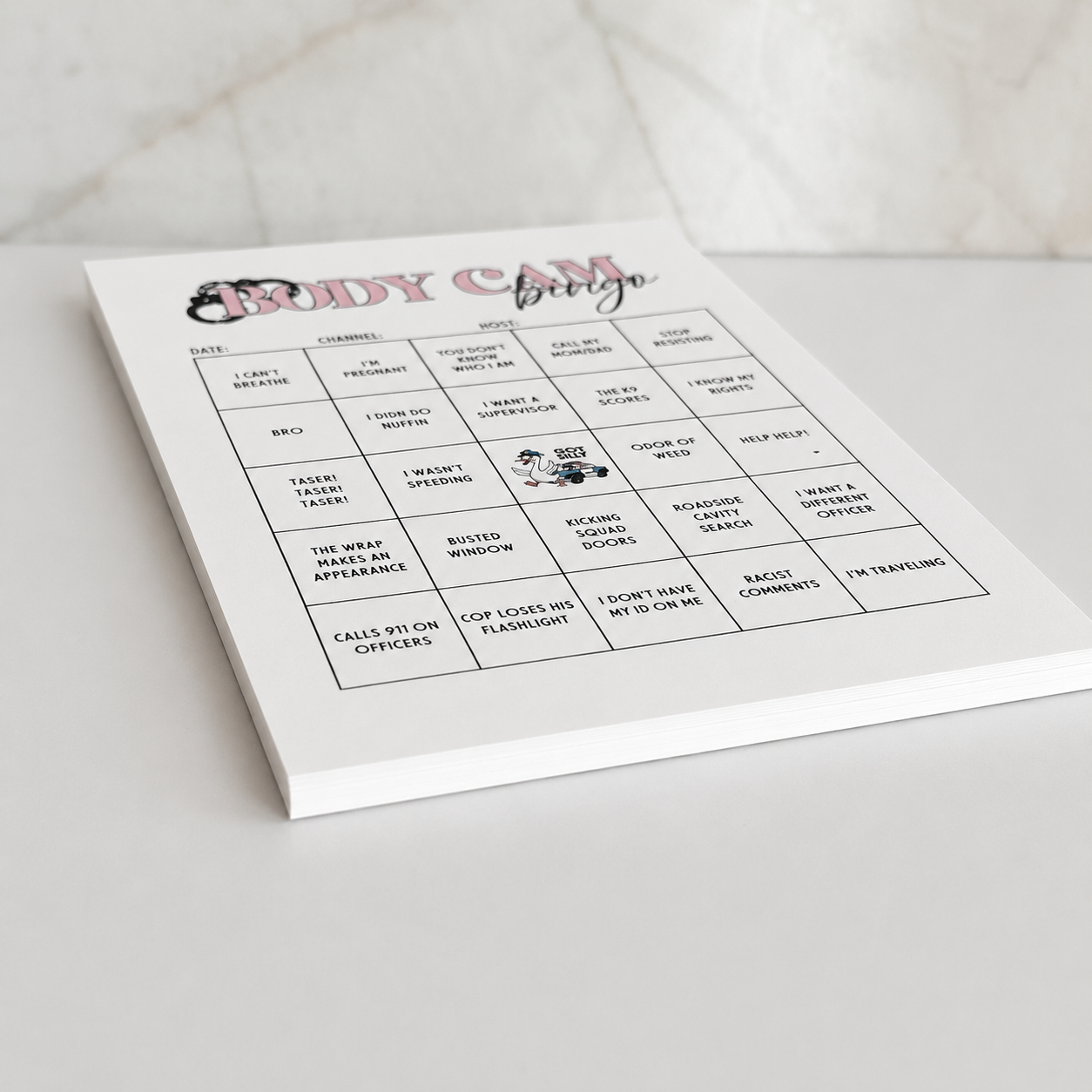 Body Cam Bingo tear-off notepad featuring a humorous bingo game for police body camera video watch parties and true crime fans.