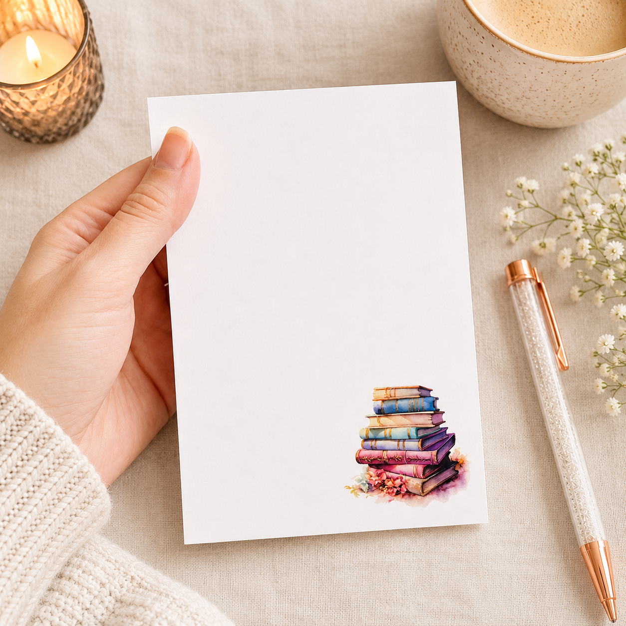 Book lover notepad featuring a watercolor stack of pastel vintage books in the corner with a clean writing area for notes, lists, and reminders.