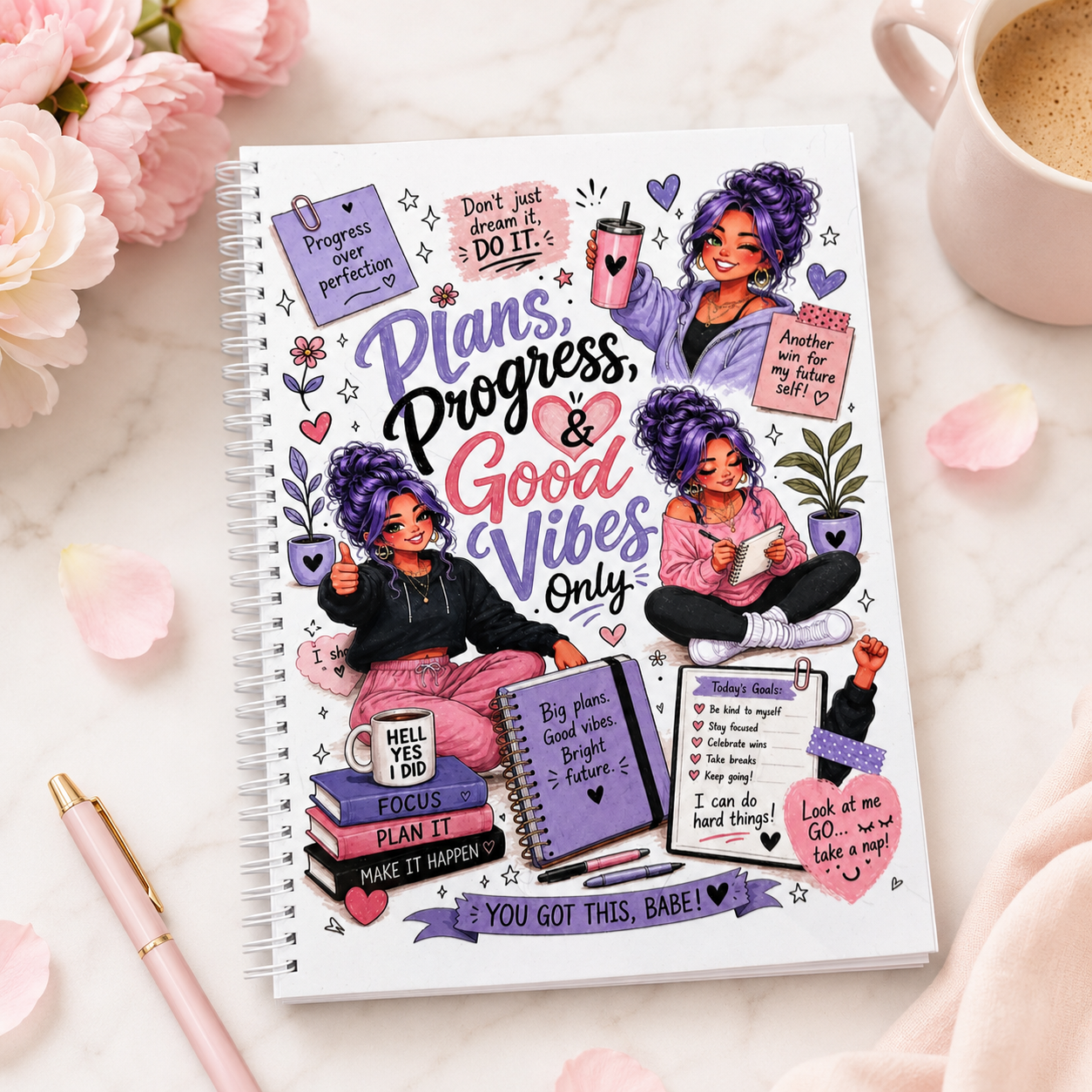 Spiral-bound Plans Progress and Good Vibes journal featuring purple-haired motivational artwork, productivity themes, and ADHD-friendly planning pages.