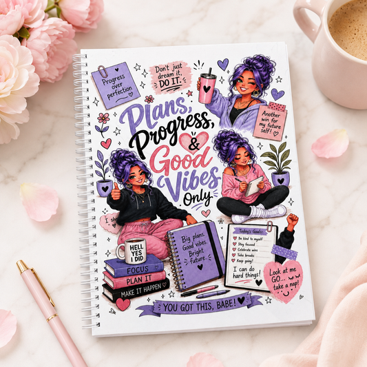 Spiral-bound Plans Progress and Good Vibes journal featuring purple-haired motivational artwork, productivity themes, and ADHD-friendly planning pages.
