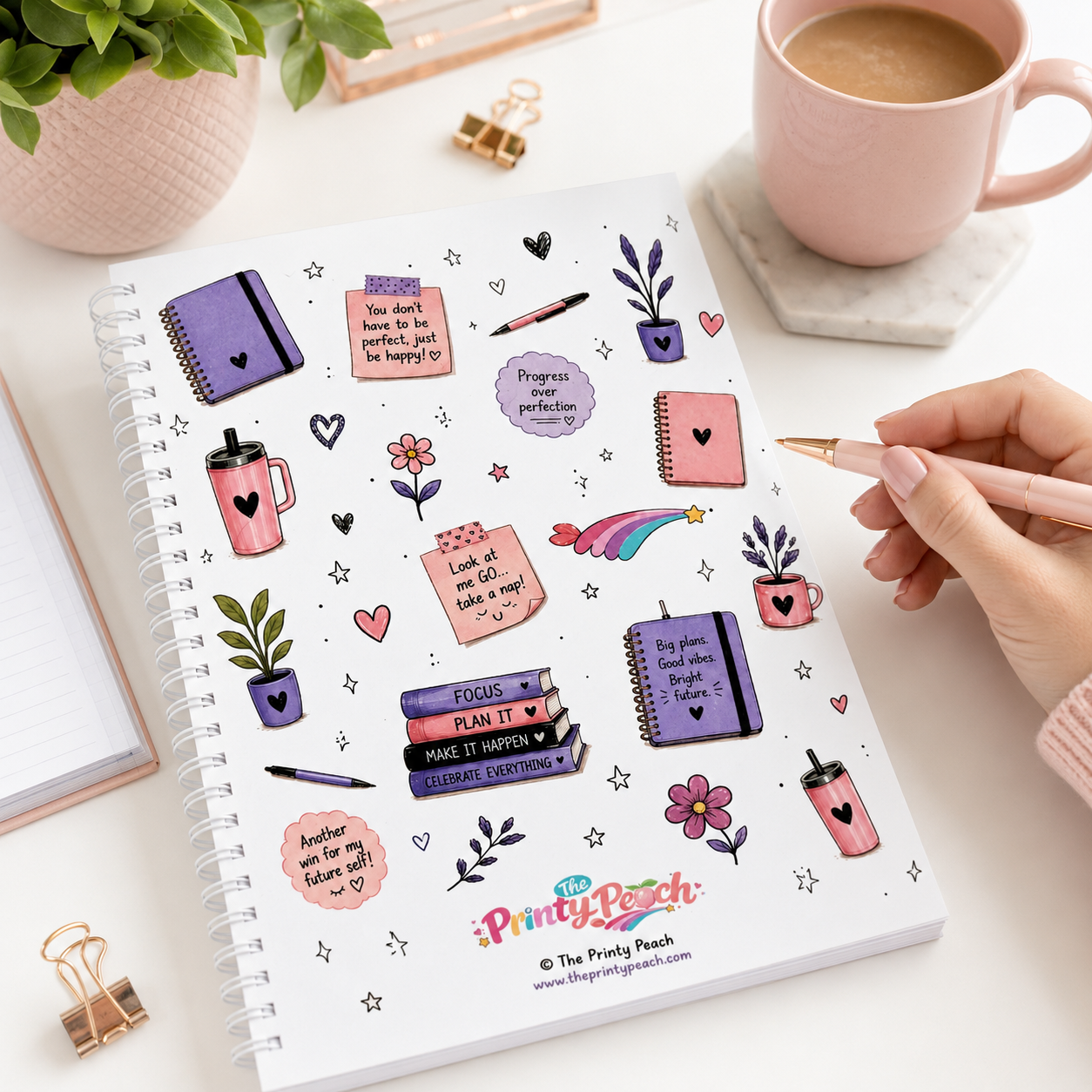Spiral-bound Plans Progress and Good Vibes journal featuring purple-haired motivational artwork, productivity themes, and ADHD-friendly planning pages.