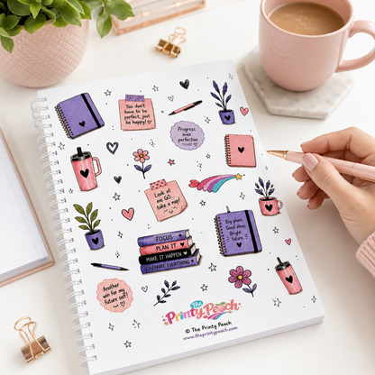 Spiral-bound Plans Progress and Good Vibes journal featuring purple-haired motivational artwork, productivity themes, and ADHD-friendly planning pages.