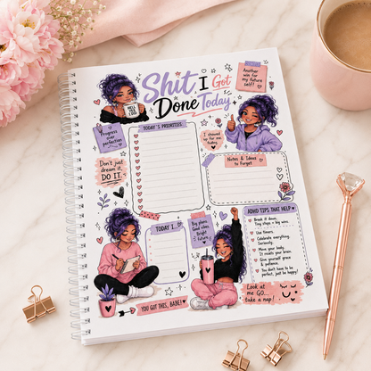 Spiral-bound Plans Progress and Good Vibes journal featuring purple-haired motivational artwork, productivity themes, and ADHD-friendly planning pages.