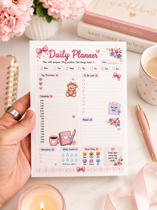 Cute pink daily planner notepad featuring to do lists, schedule tracker, priorities, notes, mood tracker, water tracker, floral accents, and teddy bear illustrations.
