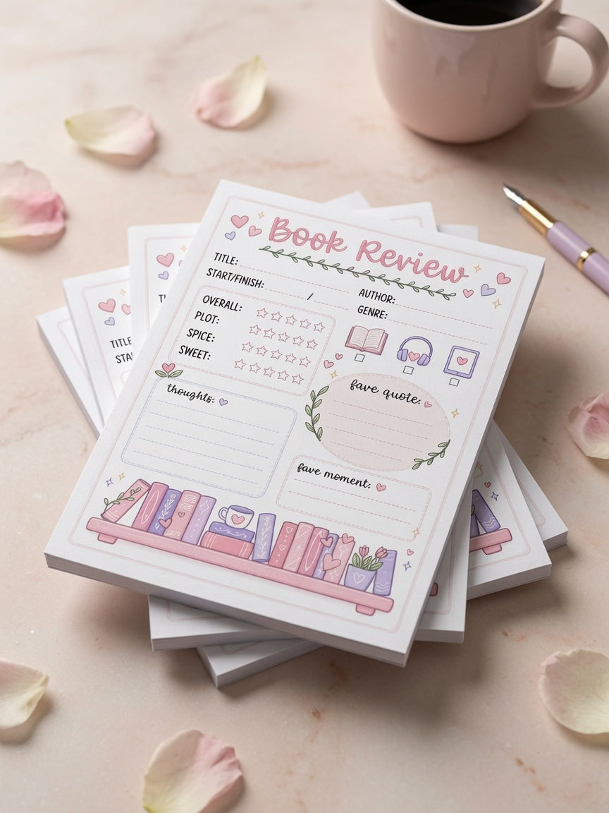 Pastel pink and purple book review notepad featuring reading tracker sections, star ratings, favorite quotes, book details, and bookshelf artwork for book lovers.