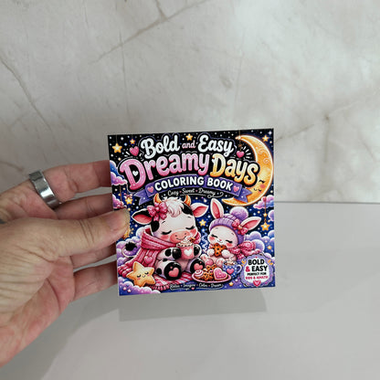 Mini coloring book featuring a cozy cow and bunny under a crescent moon with bold, easy coloring pages for kids, teens, and adults.