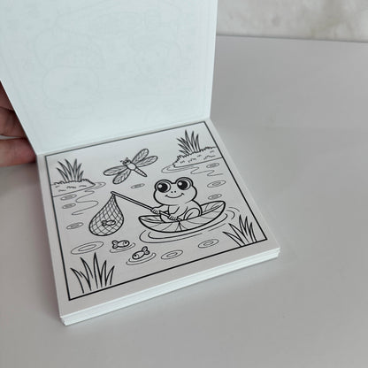 Mini coloring book featuring a cozy cow and bunny under a crescent moon with bold, easy coloring pages for kids, teens, and adults.