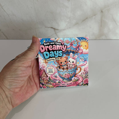 Bold and Easy Dreamy Days mini coloring book featuring adorable bear and bunny in a teacup with cute fantasy illustrations and bold easy coloring pages.