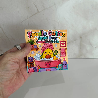 Foodie Cuties Bold Easy mini coloring book featuring a kawaii avocado relaxing in a bubble bath with spa accessories.