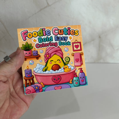 Foodie Cuties Bold Easy mini coloring book featuring a kawaii avocado relaxing in a bubble bath with spa accessories.