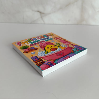 Foodie Cuties Bold Easy mini coloring book featuring a kawaii avocado relaxing in a bubble bath with spa accessories.