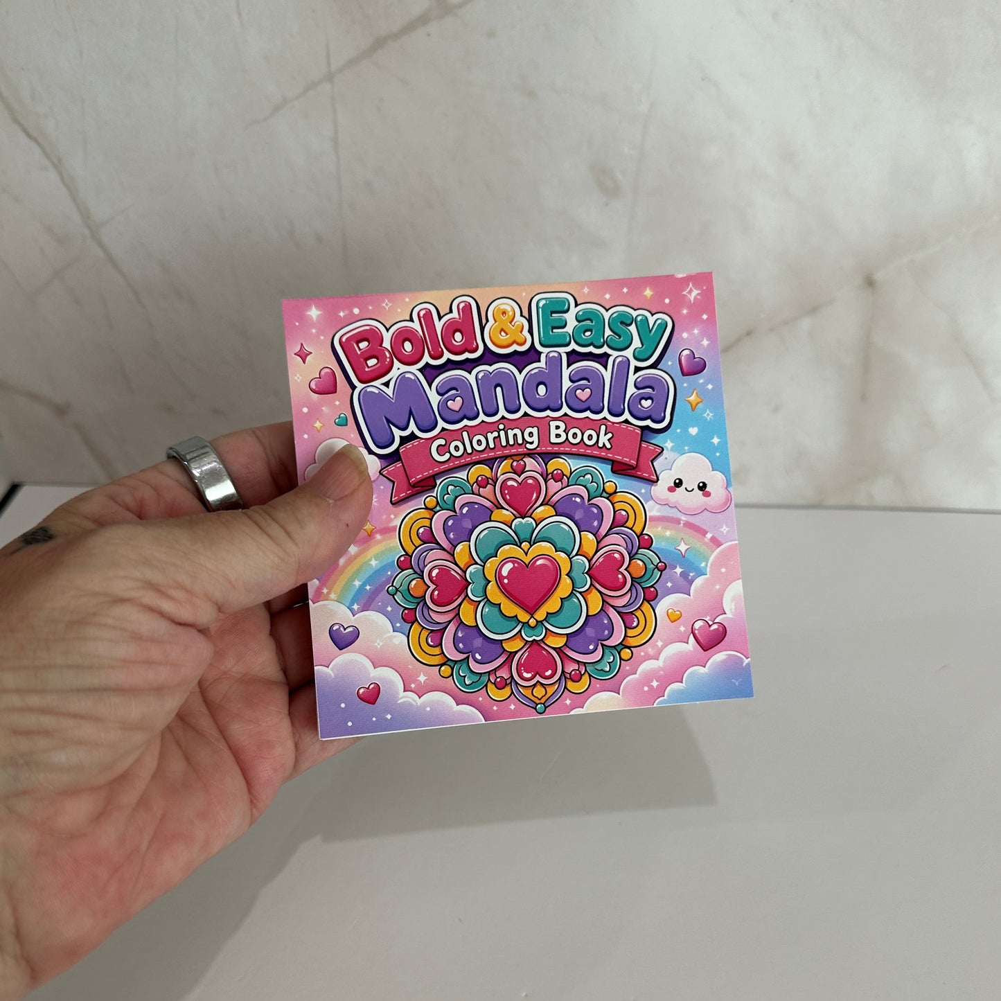 Mini Bold & Easy Mandala Coloring Book featuring cute heart mandalas and colorful kawaii cover for kids, teens, and adults.