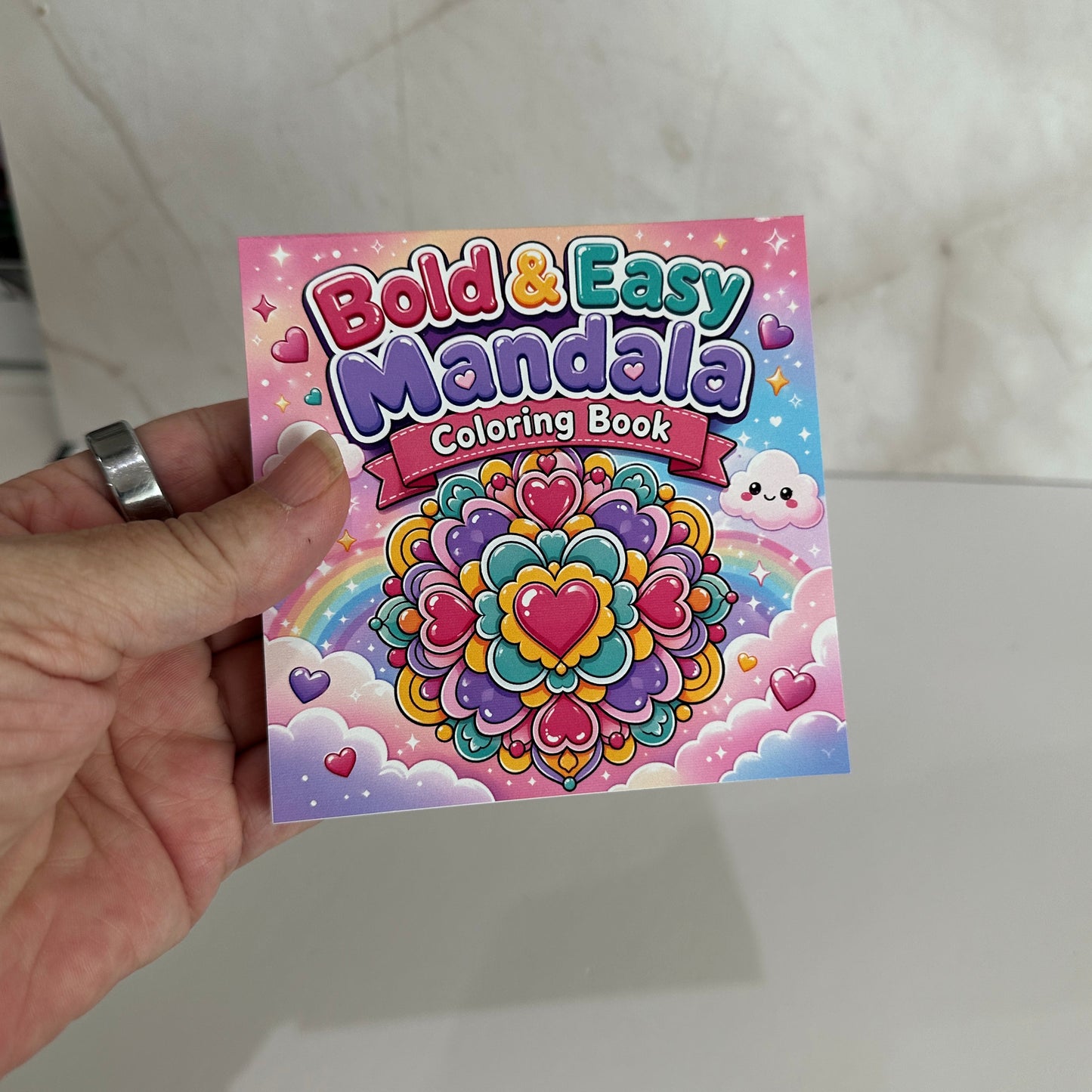 Mini Bold & Easy Mandala Coloring Book featuring cute heart mandalas and colorful kawaii cover for kids, teens, and adults.