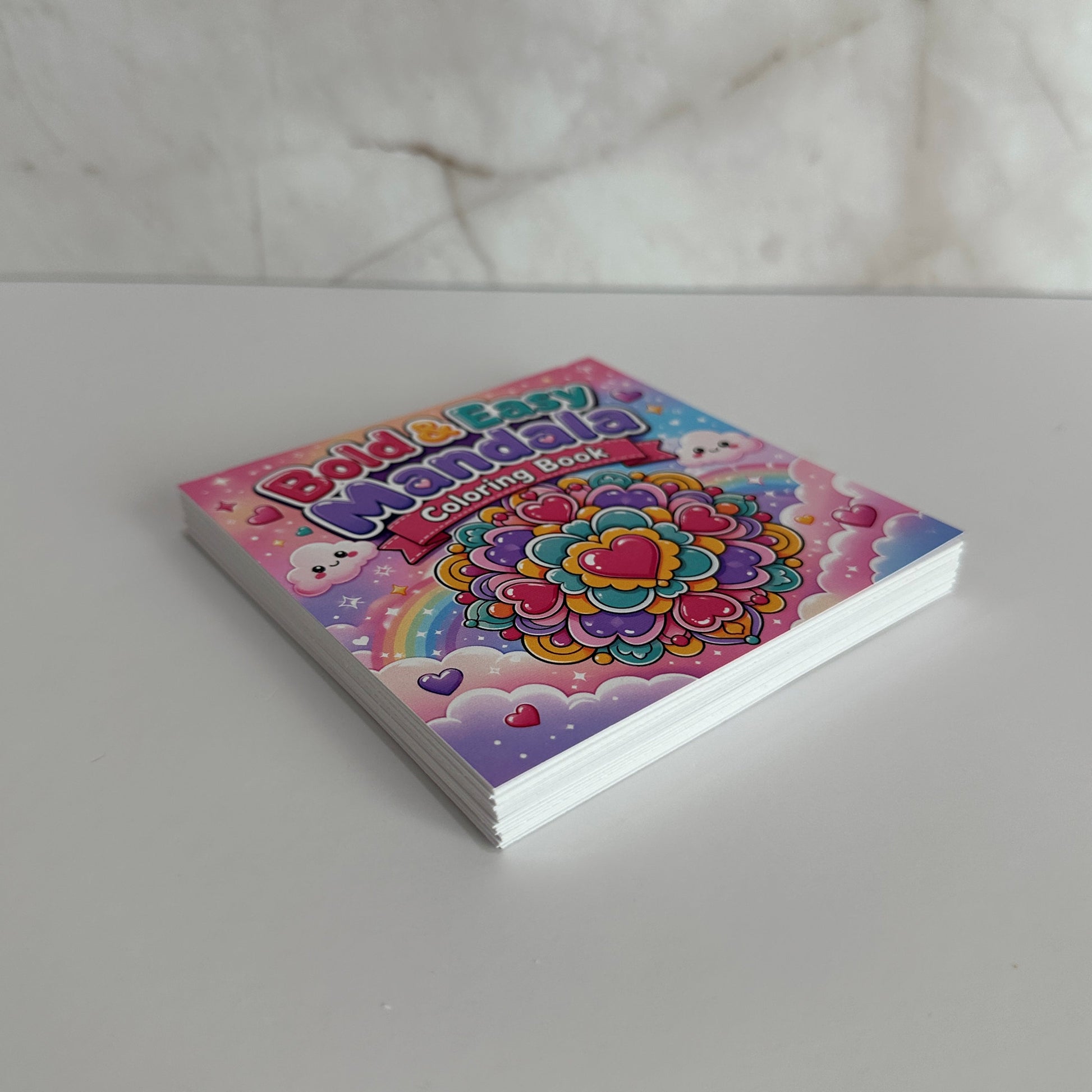 Mini Bold & Easy Mandala Coloring Book featuring cute heart mandalas and colorful kawaii cover for kids, teens, and adults.