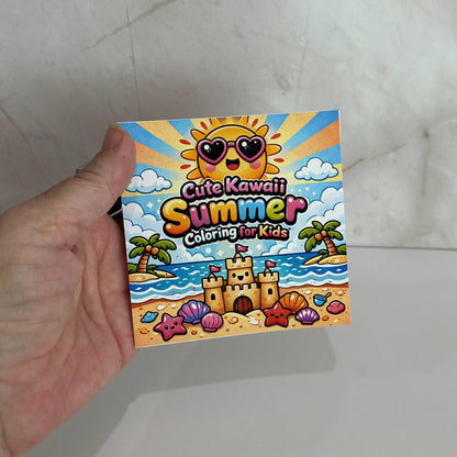 Cute kawaii summer mini coloring book featuring smiling sunshine, sandcastle, palm trees and beach illustrations for kids.