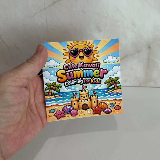 Cute kawaii summer mini coloring book featuring smiling sunshine, sandcastle, palm trees and beach illustrations for kids.