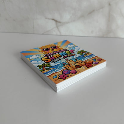 Cute kawaii summer mini coloring book featuring smiling sunshine, sandcastle, palm trees and beach illustrations for kids.