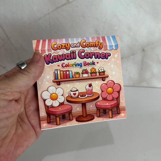 Mini kawaii coloring book featuring a cozy café corner with flowers, books, coffee, and cute illustrations.