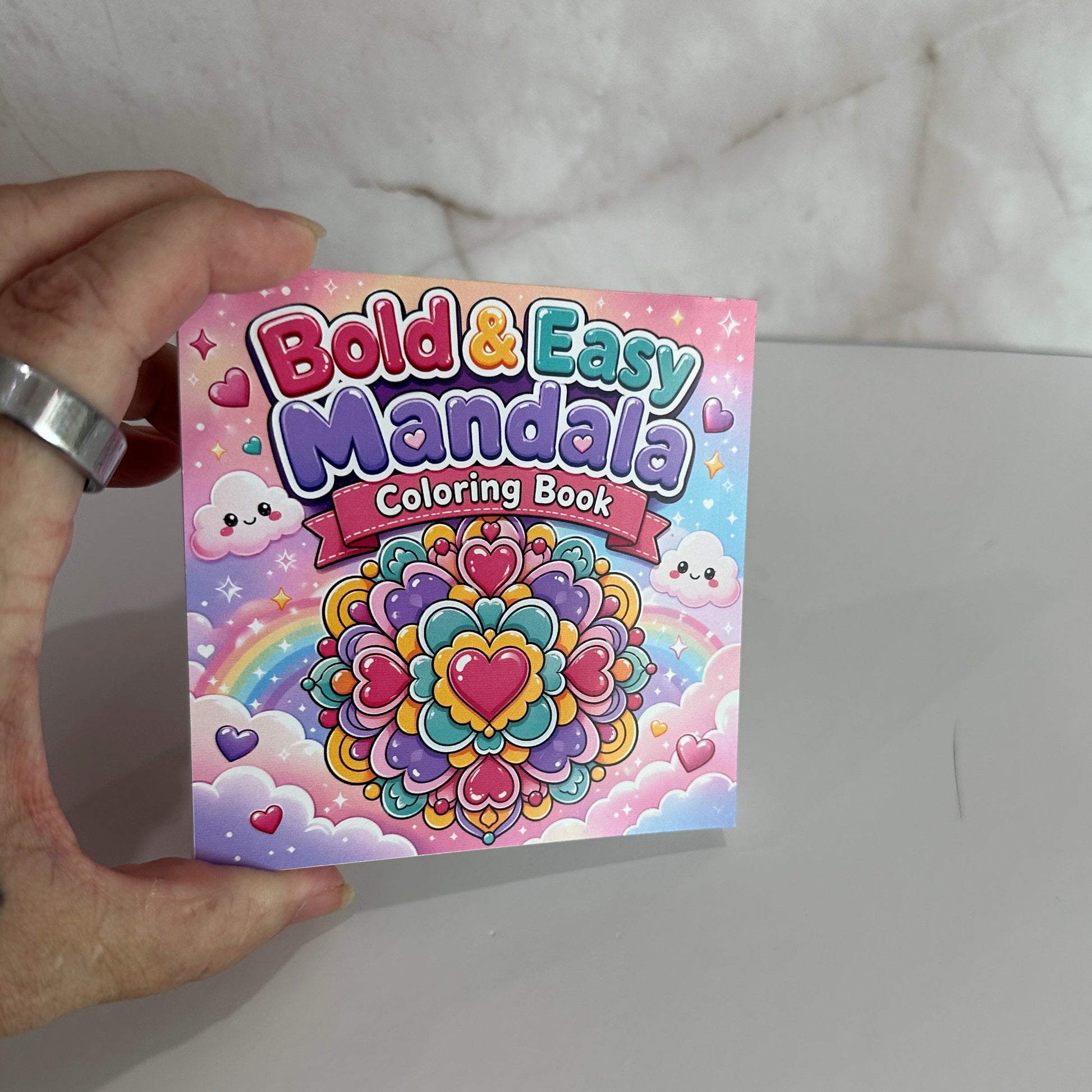 Mini Bold & Easy Mandala Coloring Book featuring cute heart mandalas and colorful kawaii cover for kids, teens, and adults.