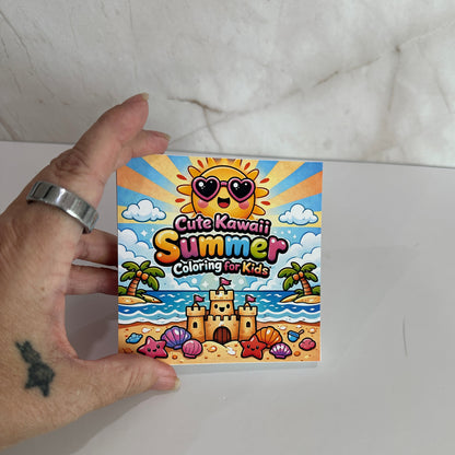 Cute kawaii summer mini coloring book featuring smiling sunshine, sandcastle, palm trees and beach illustrations for kids.