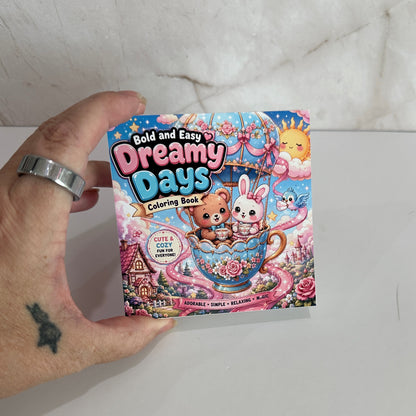 Bold and Easy Dreamy Days mini coloring book featuring adorable bear and bunny in a teacup with cute fantasy illustrations and bold easy coloring pages.