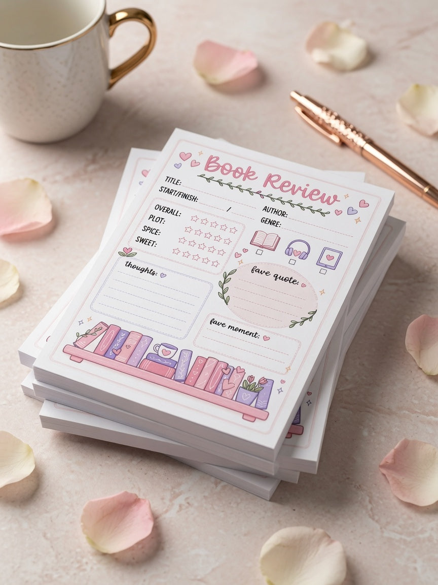 Pastel pink and purple book review notepad featuring reading tracker sections, star ratings, favorite quotes, book details, and bookshelf artwork for book lovers.