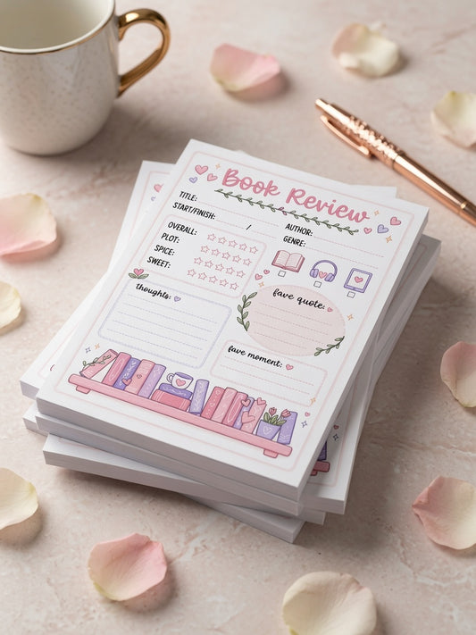 Pastel pink and purple book review notepad featuring reading tracker sections, star ratings, favorite quotes, book details, and bookshelf artwork for book lovers.