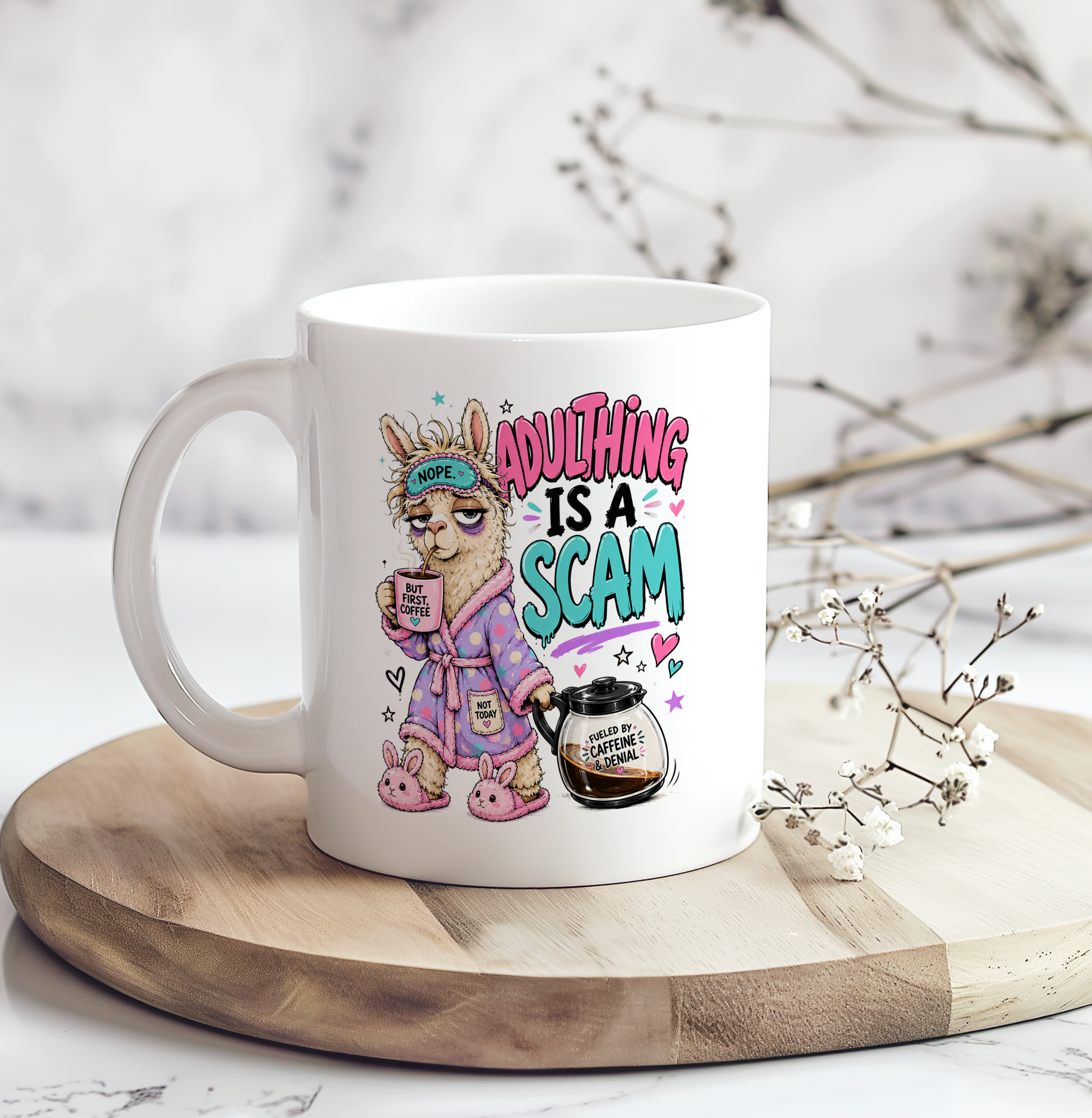 White ceramic mug featuring a sleepy llama in a robe holding coffee with the phrase "Adulting Is A Scam," making it a funny gift for coffee lovers, coworkers, and anyone surviving adulthood.