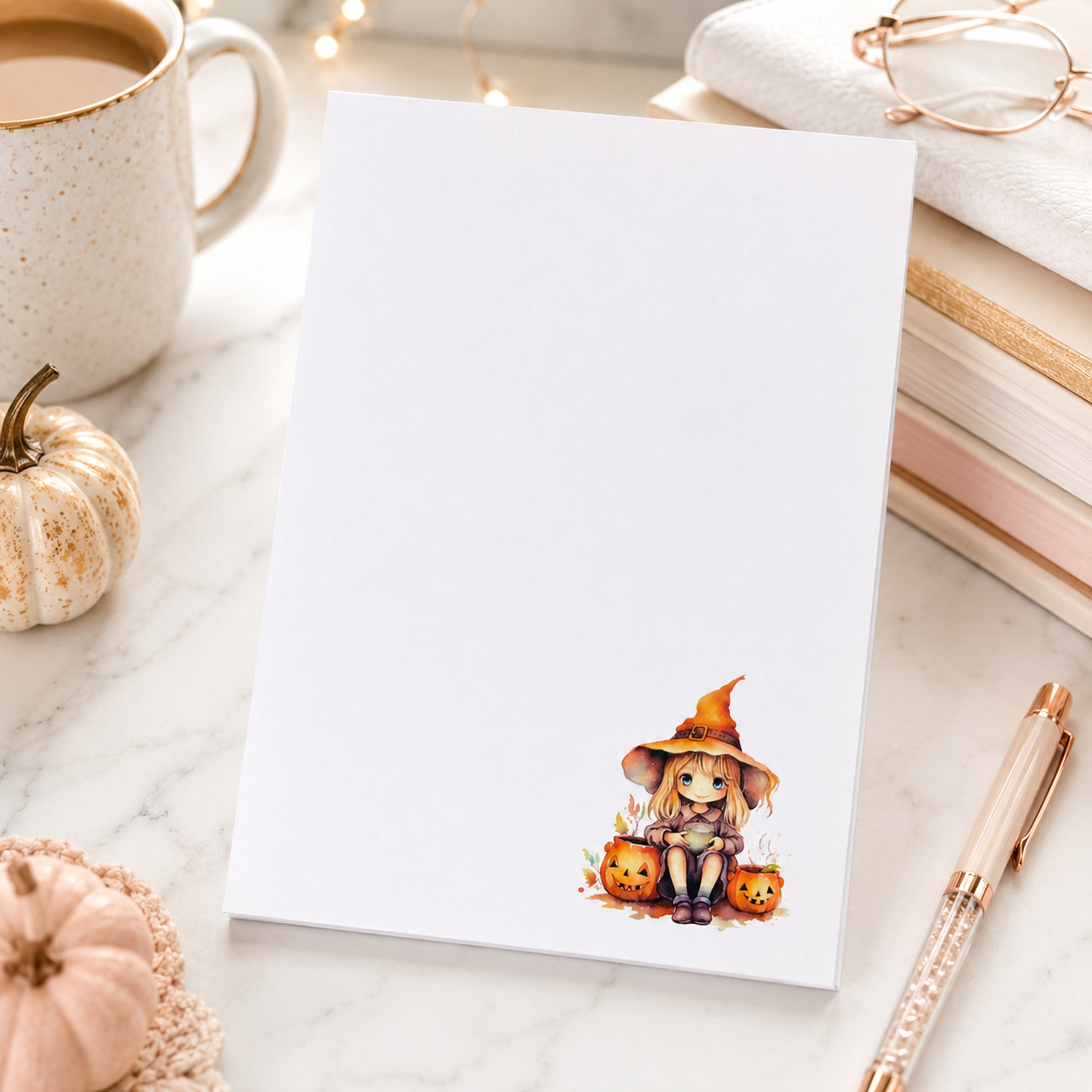 Halloween witch notepad featuring a cute witch sitting beside pumpkins on a white memo pad, autumn stationery gift for fall desk organization.