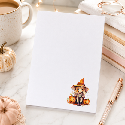 Halloween witch notepad featuring a cute witch sitting beside pumpkins on a white memo pad, autumn stationery gift for fall desk organization.