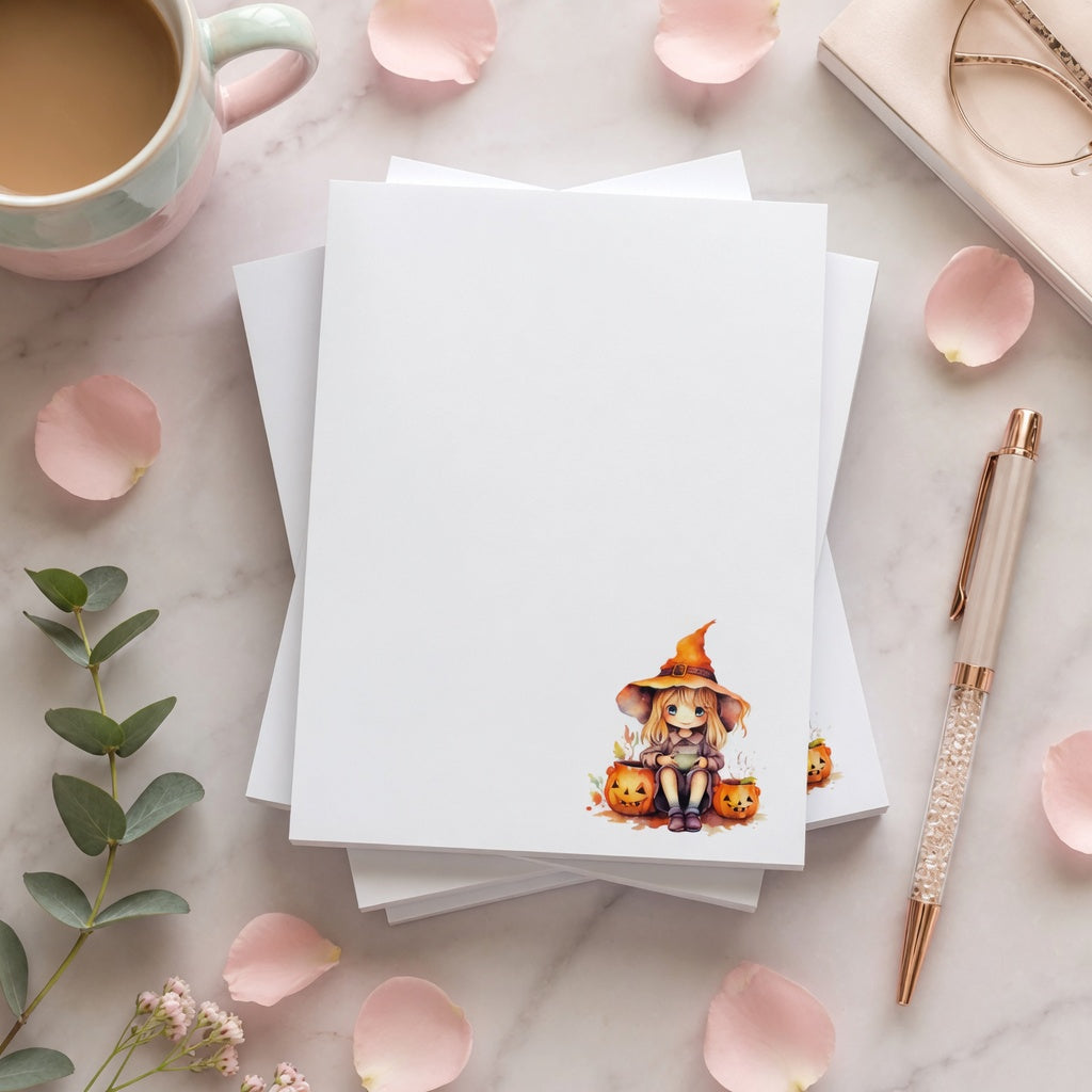 Halloween witch notepad featuring a cute witch sitting beside pumpkins on a white memo pad, autumn stationery gift for fall desk organization.