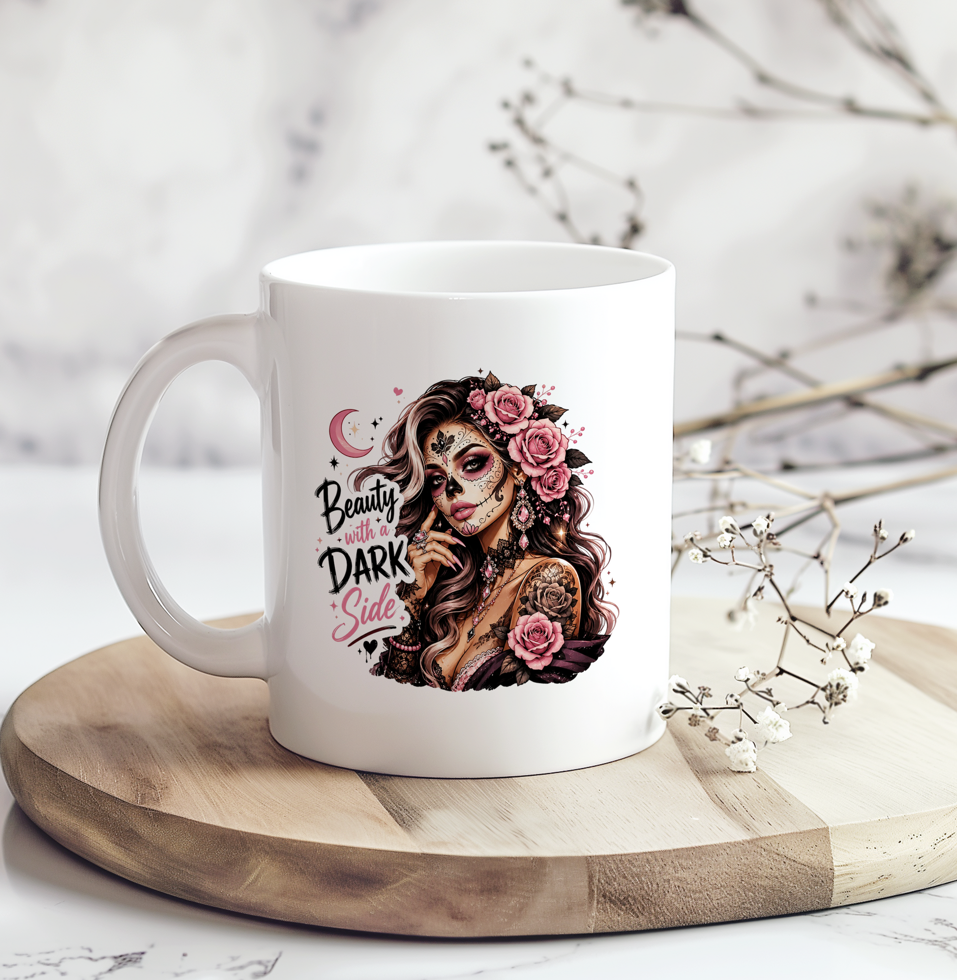 White ceramic coffee mug featuring a gothic sugar skull woman with pink roses and the phrase "Beauty with a Dark Side," perfect as a gothic coffee mug gift for Halloween lovers, alternative fashion fans, and spooky home décor.