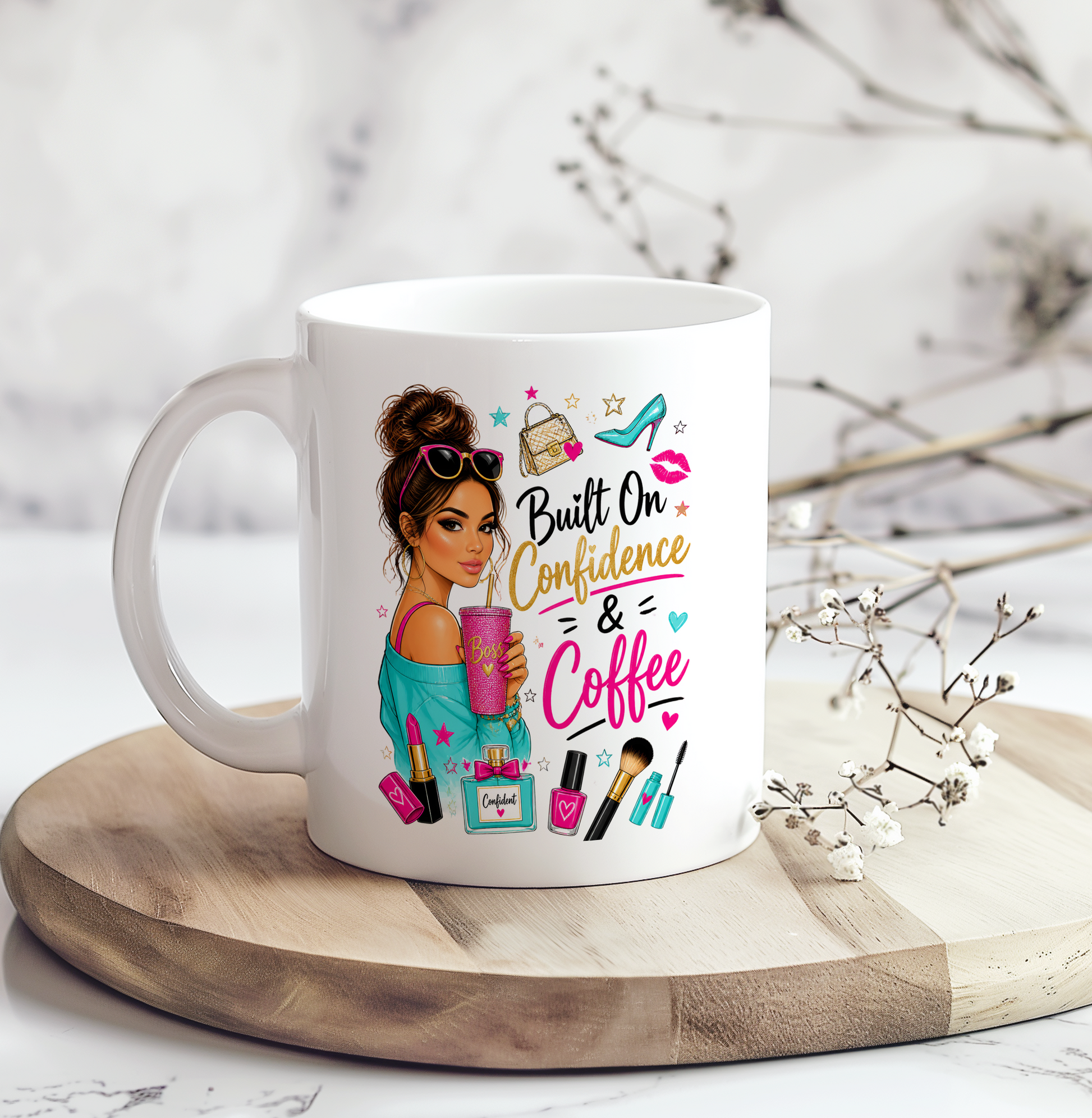 White ceramic coffee mug featuring a stylish boss lady holding a pink tumbler with the phrase "Built On Confidence & Coffee," surrounded by fashion and beauty illustrations. A motivational coffee mug gift for ambitious women, entrepreneurs, coworkers, bosses, and coffee lovers.