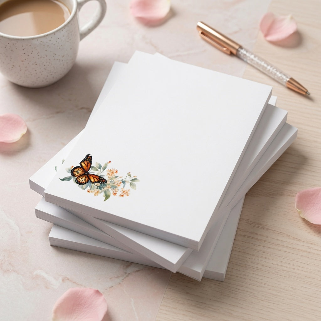 White butterfly floral notepad featuring a monarch butterfly with soft watercolor flowers in the corner and a large blank writing area.