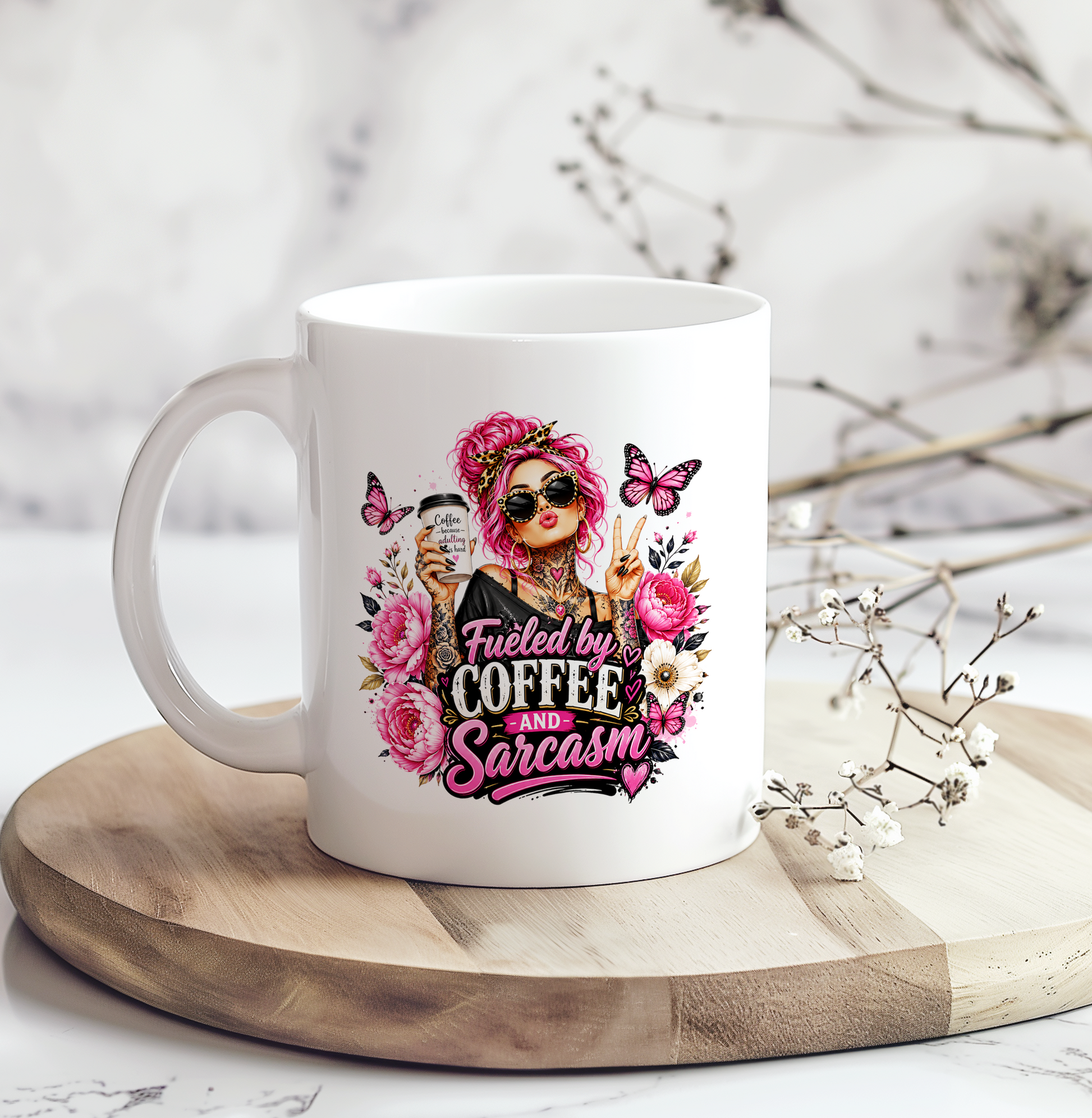 Fueled by Coffee and Sarcasm Mug, Funny Coffee Lover Gift, Pink Gothic Coffee Cup