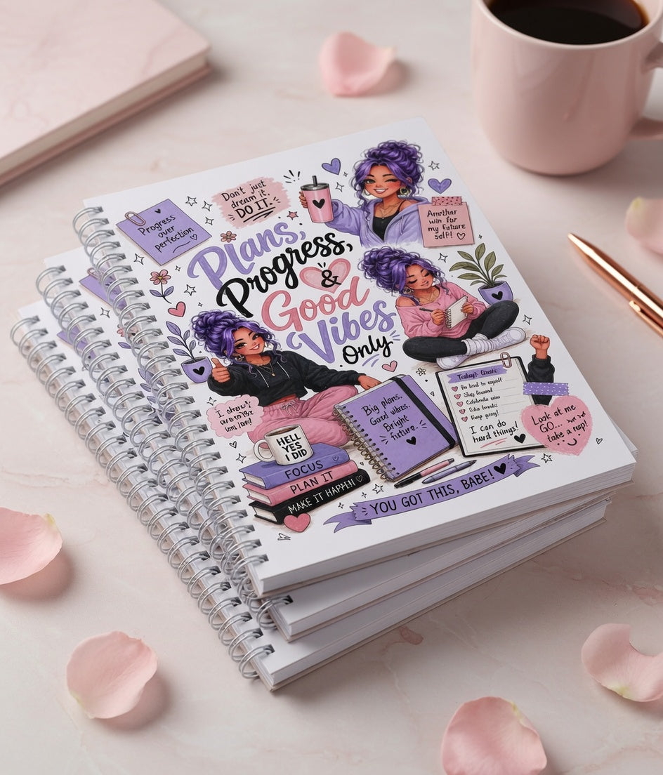 Spiral-bound Plans Progress and Good Vibes journal featuring purple-haired motivational artwork, productivity themes, and ADHD-friendly planning pages.