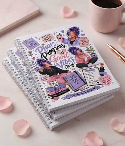 Spiral-bound Plans Progress and Good Vibes journal featuring purple-haired motivational artwork, productivity themes, and ADHD-friendly planning pages.