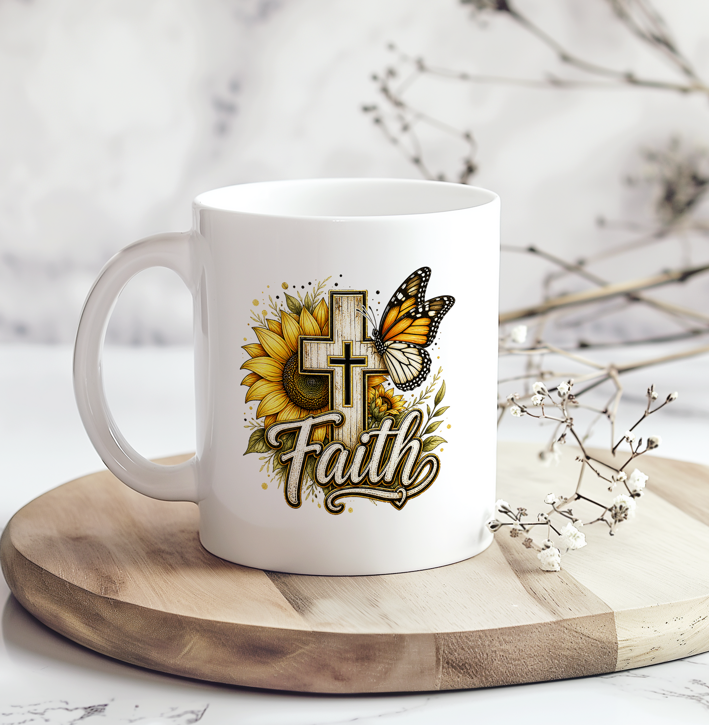 White ceramic Christian coffee mug featuring the word "Faith" with a rustic cross, sunflower, and monarch butterfly, creating an inspirational religious coffee mug perfect for daily encouragement.