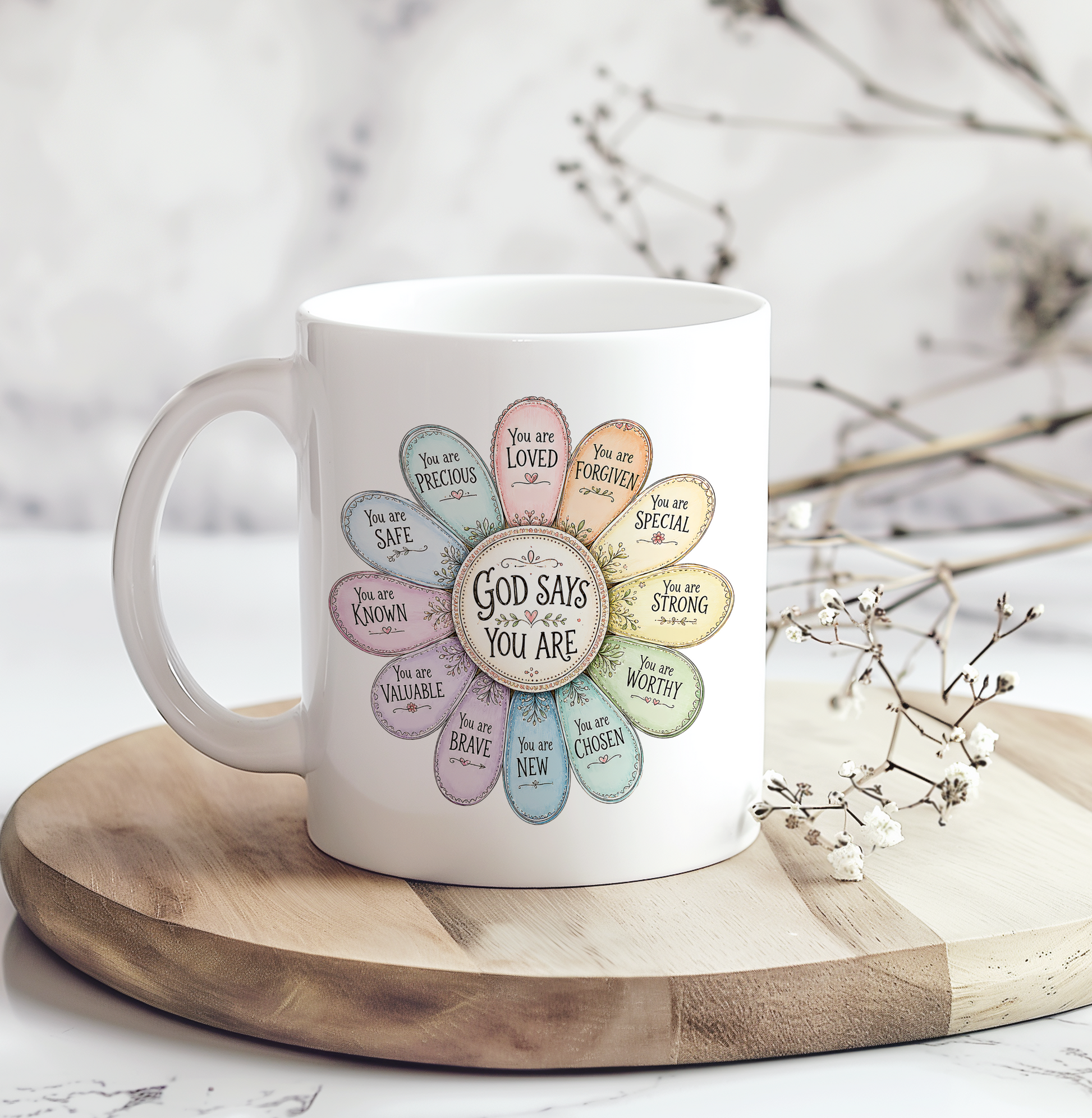 White ceramic mug featuring a colorful flower design with the uplifting message "God Says You Are" surrounded by biblical affirmations including loved, worthy, chosen, and strong.